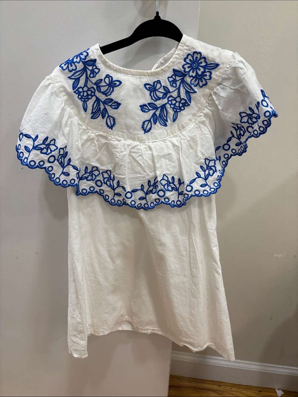 Papillon Blanc White Dress with Blue Floral Embroidery